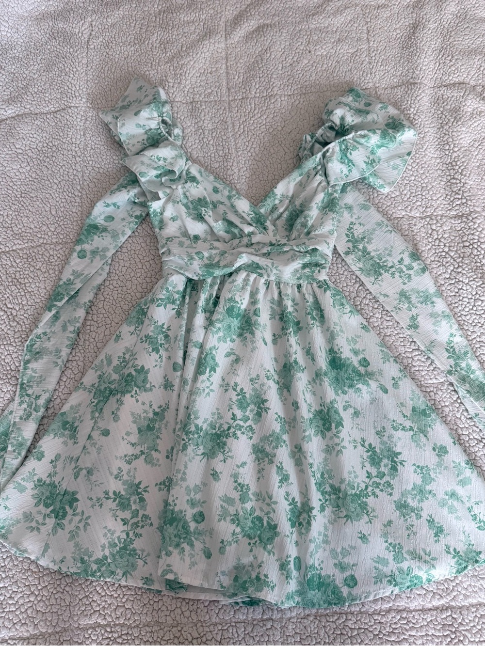 Altar'd State White Dress with Green Floral Print and Ruffle Straps